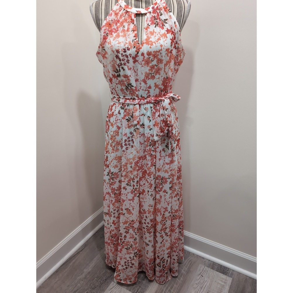 DKNY Dress Womens 10 Coral Maxi Keyhole Neckline Sashβ Tie Wedding Brunch